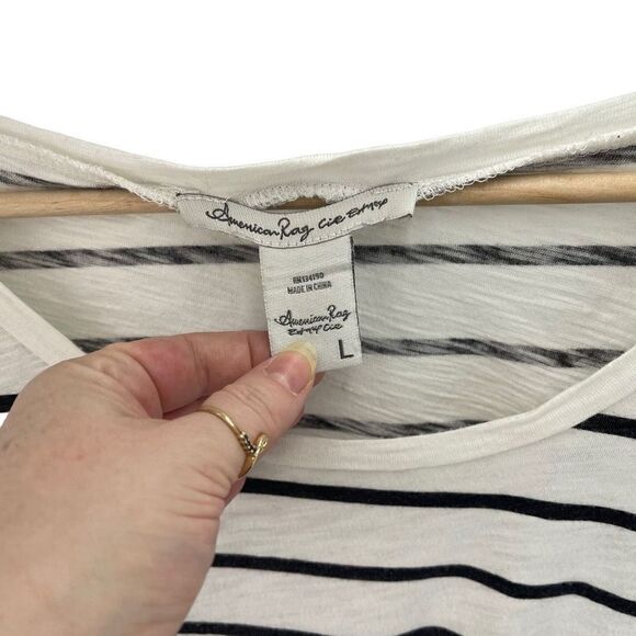 American Rag Women's Stripes Button Tab Sleeve Blouse Top White Black Size Large - Picture 3 of 10